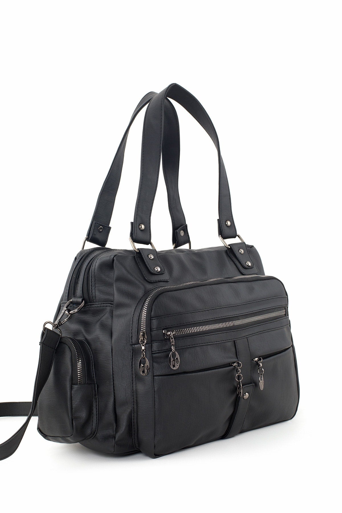 Samilon Women'S Black Washed Leather Multi-Compartmental Shoulder And Hand Bag