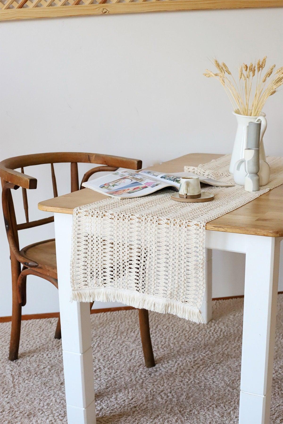 Runner Tablecloth Raw Cotton Knitted Lace Fringed Tasseled Cream 37x150 Cm - Swordslife