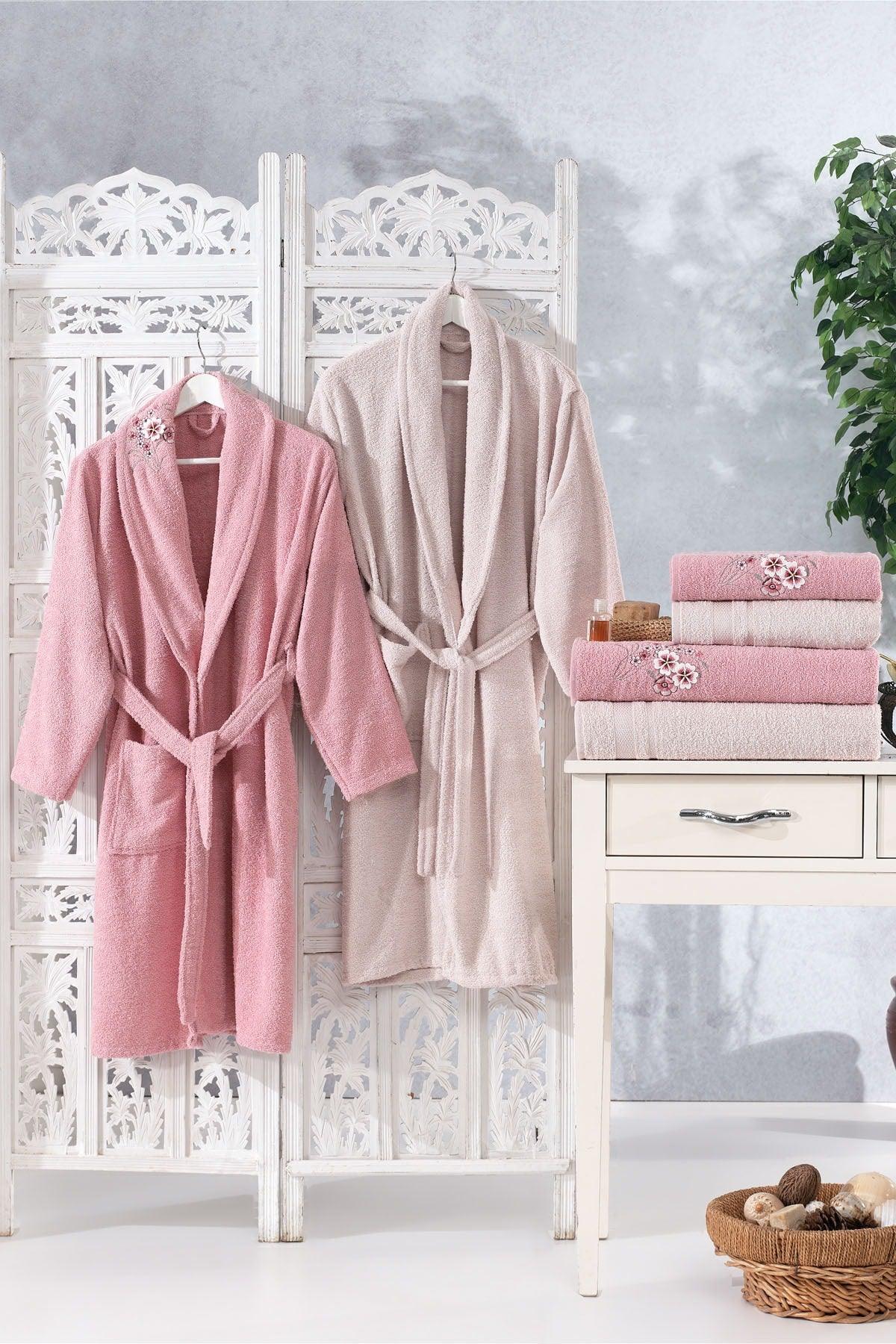 Family Embroidered Powder & Cappuccino Family Bathrobe Set 6 Pieces Dowry Women Men Bath Towel Set - Swordslife