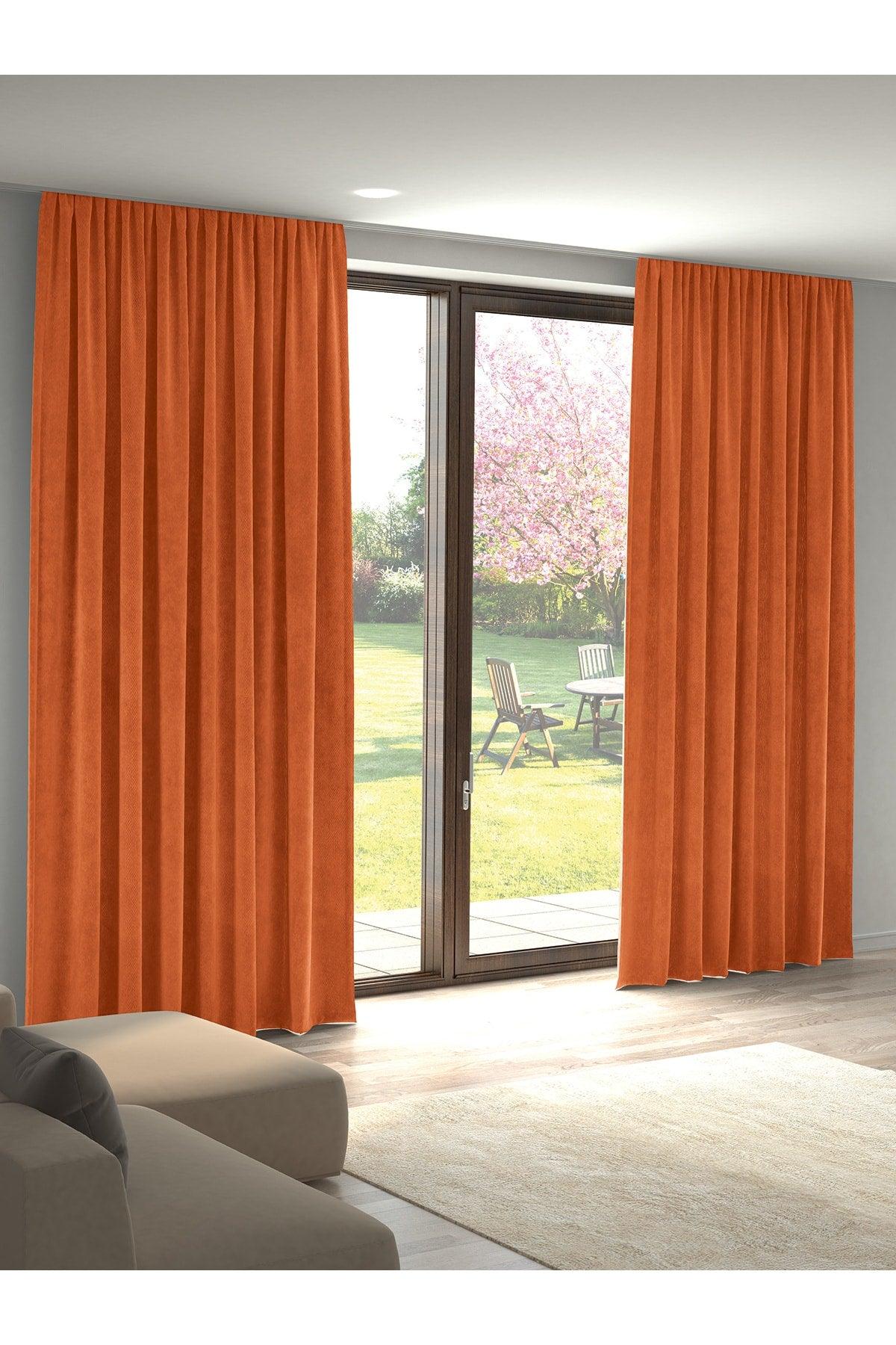 Velvet Textured Mandarin Orange Island Backdrop Curtain Extraforward Pleated - Swordslife