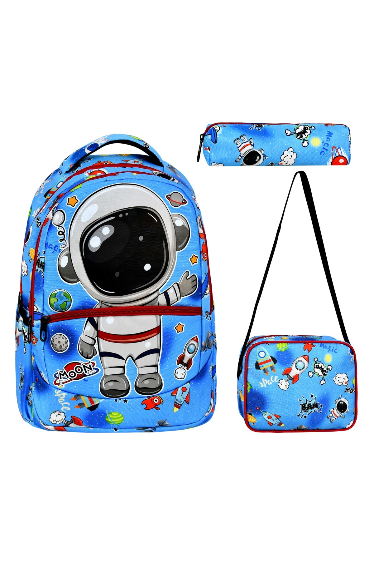 3-Pack Elementary School Astronaut Patterned School Bag With Food And Pencil Holder For Boys