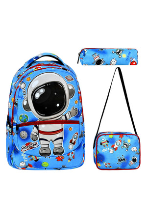 3-Pack Elementary School Astronaut Patterned School Bag With Food And Pencil Holder For Boys