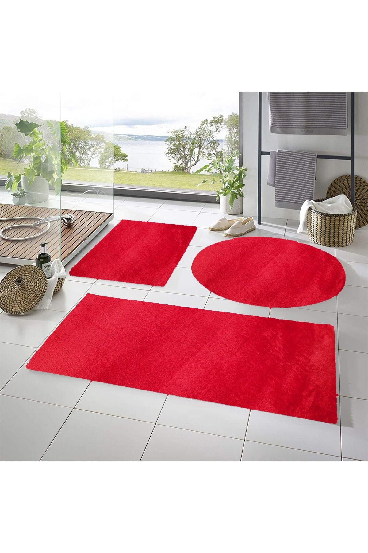 Xxl Large Size Post Plush Bath Mat Triple Set Red Color Non-Slip Base Washable - Swordslife