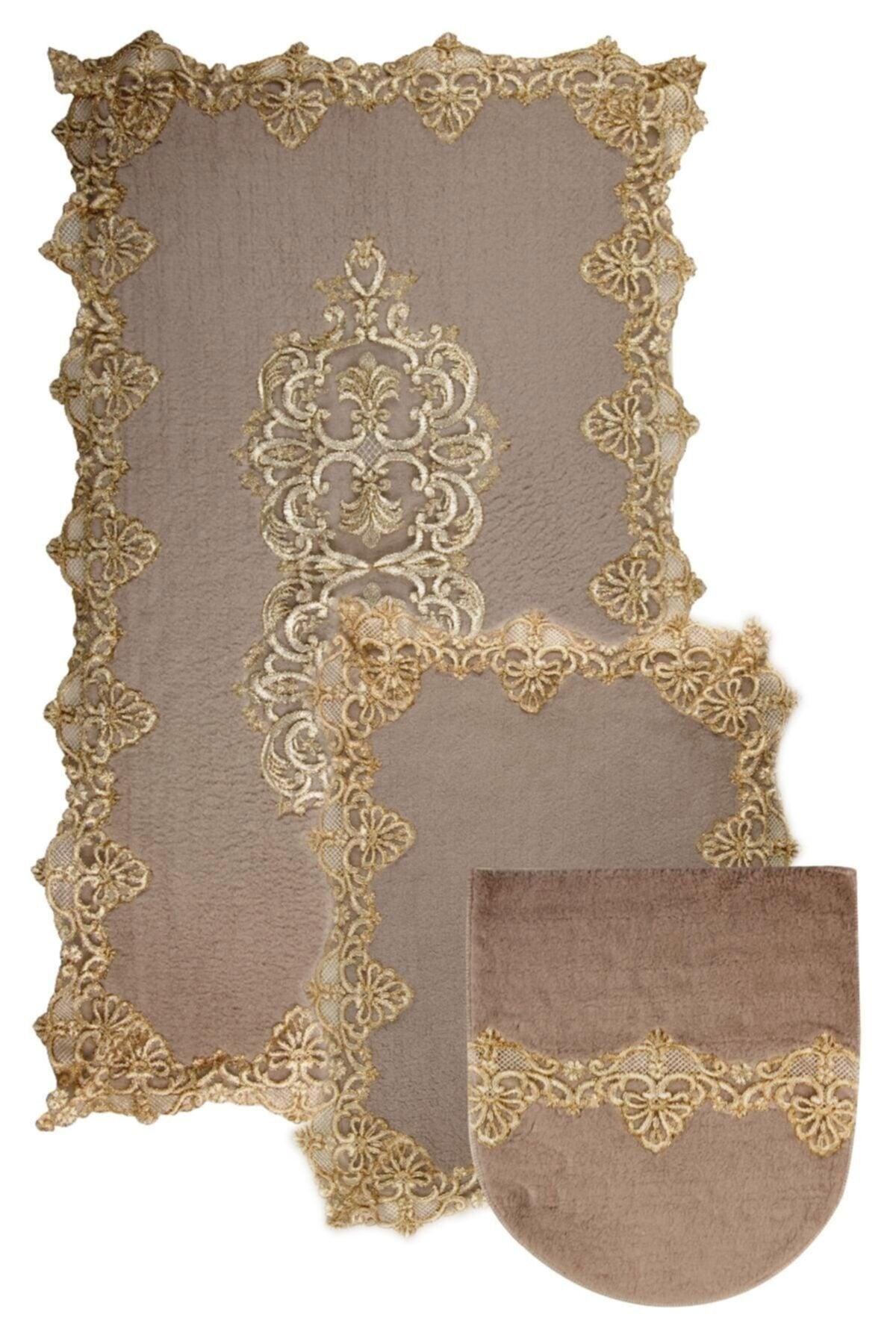 Gray Gold Palace 3-piece Dowry French Lace Appliqued Closet Set Bath Mat Set - Swordslife