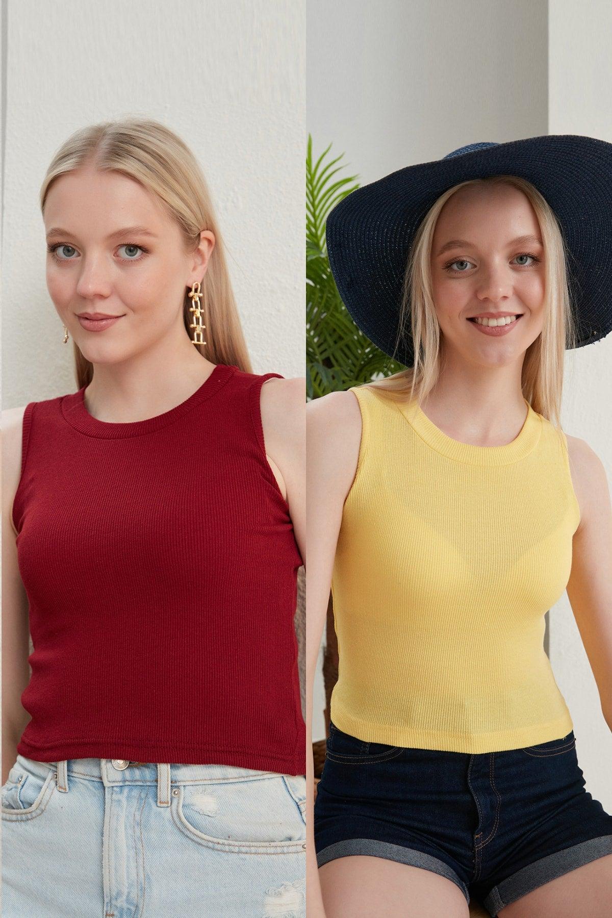 Women's Burgundy Yellow Halter Neck 2 Piece Crop Blouse - Swordslife