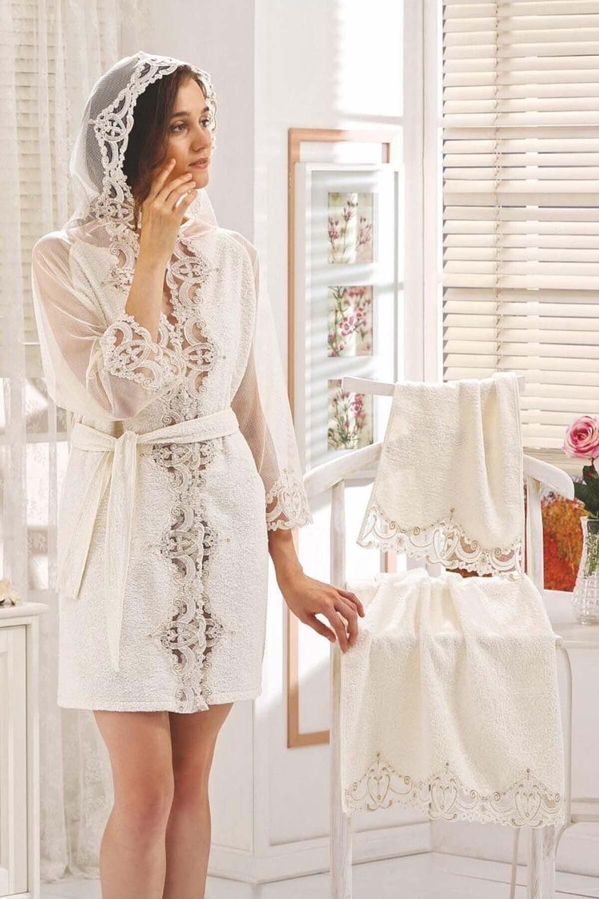 Women's Cream French Lace Honeymoon Dowry Fancy Bath Robe Set - Swordslife