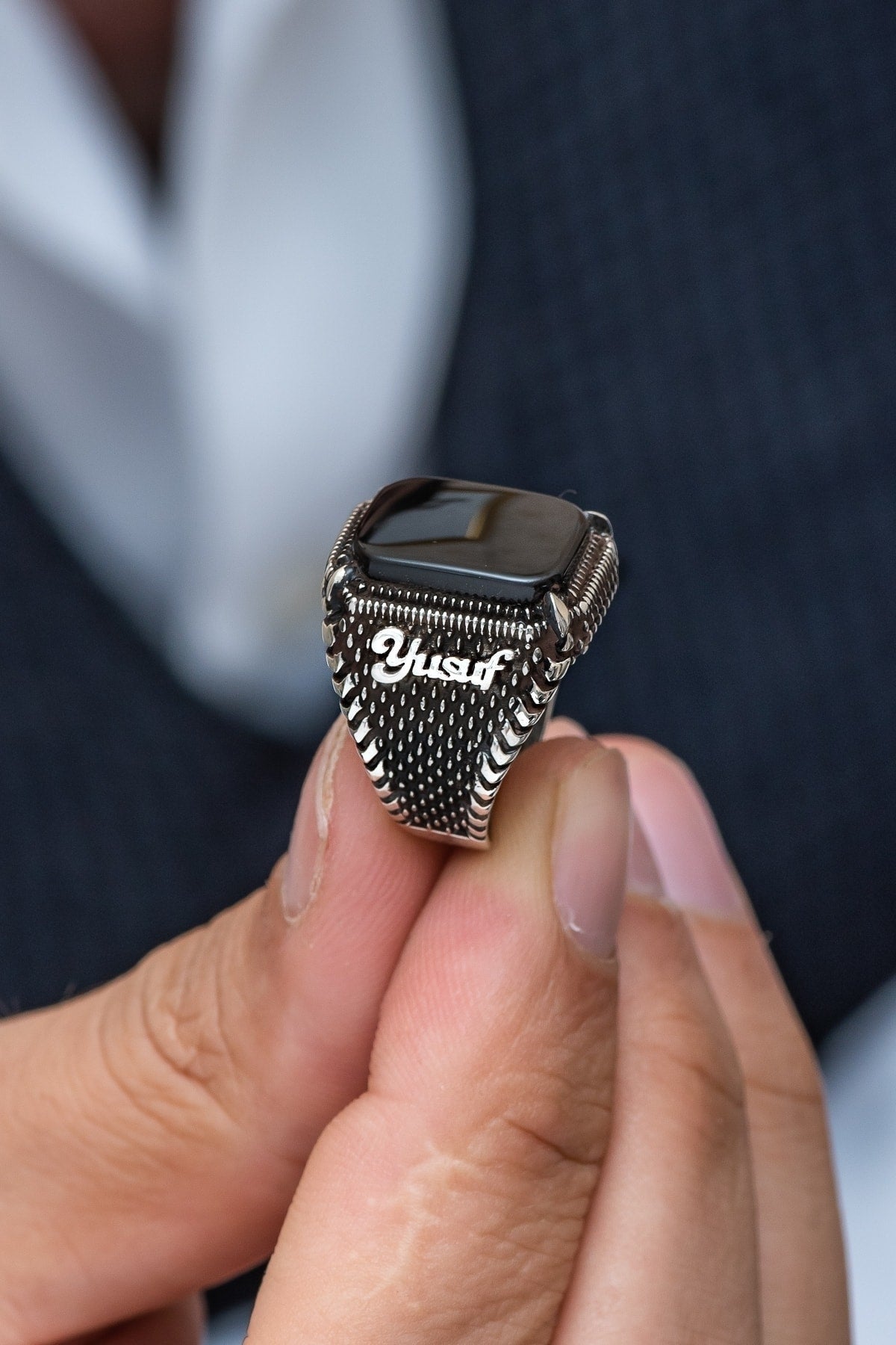 Named Agate Stone Sterling Silver Men'S Ring