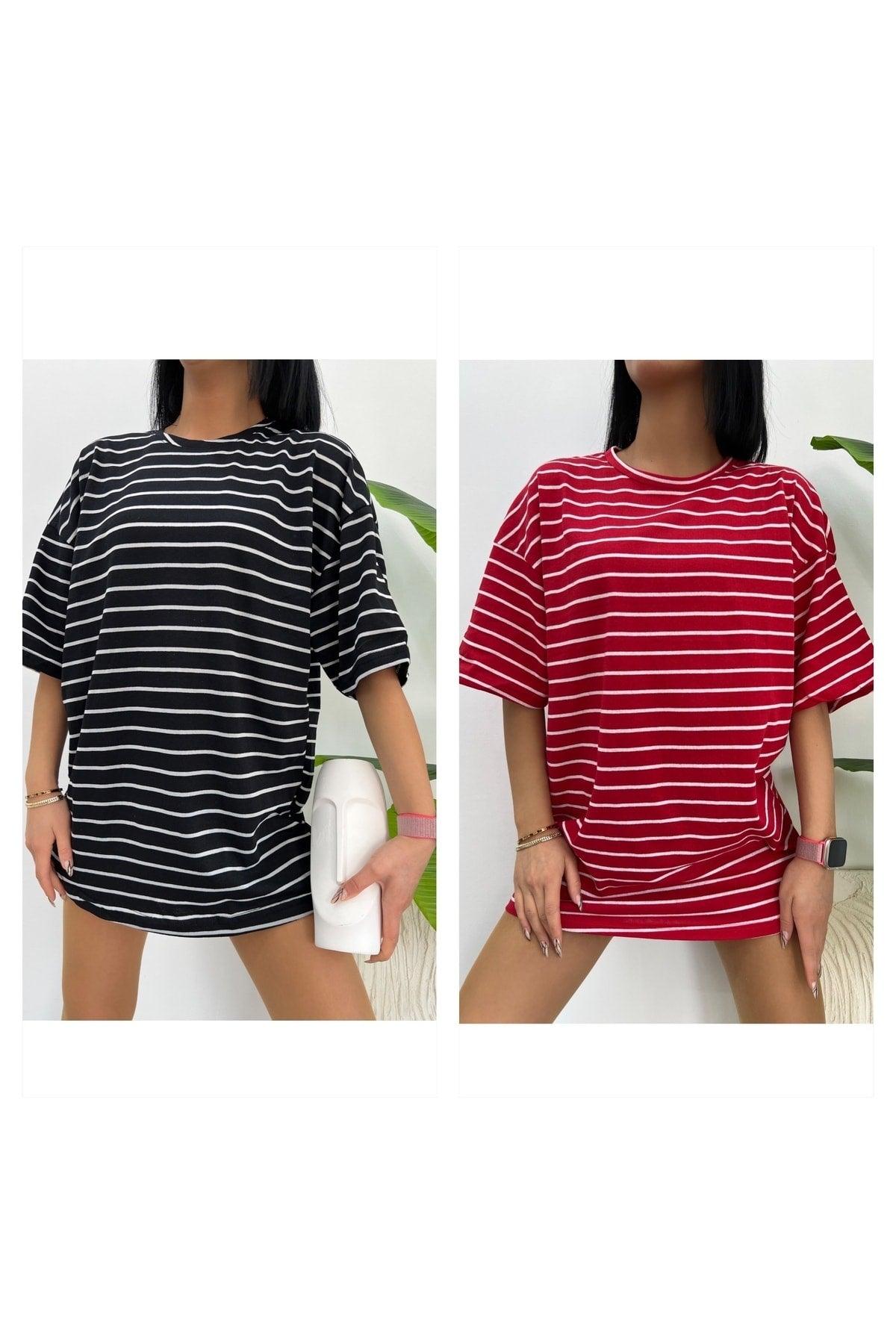 2 Pack Unisex Crew Neck Cotton Striped Oversize Boyfriend T-shirt Beybun Boutique - Swordslife