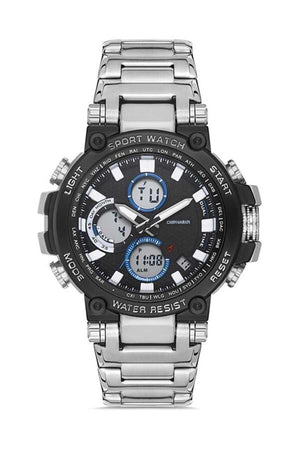 Black Case Blue Detailed Steel Band Analog & Digital Men'S Wristwatch
