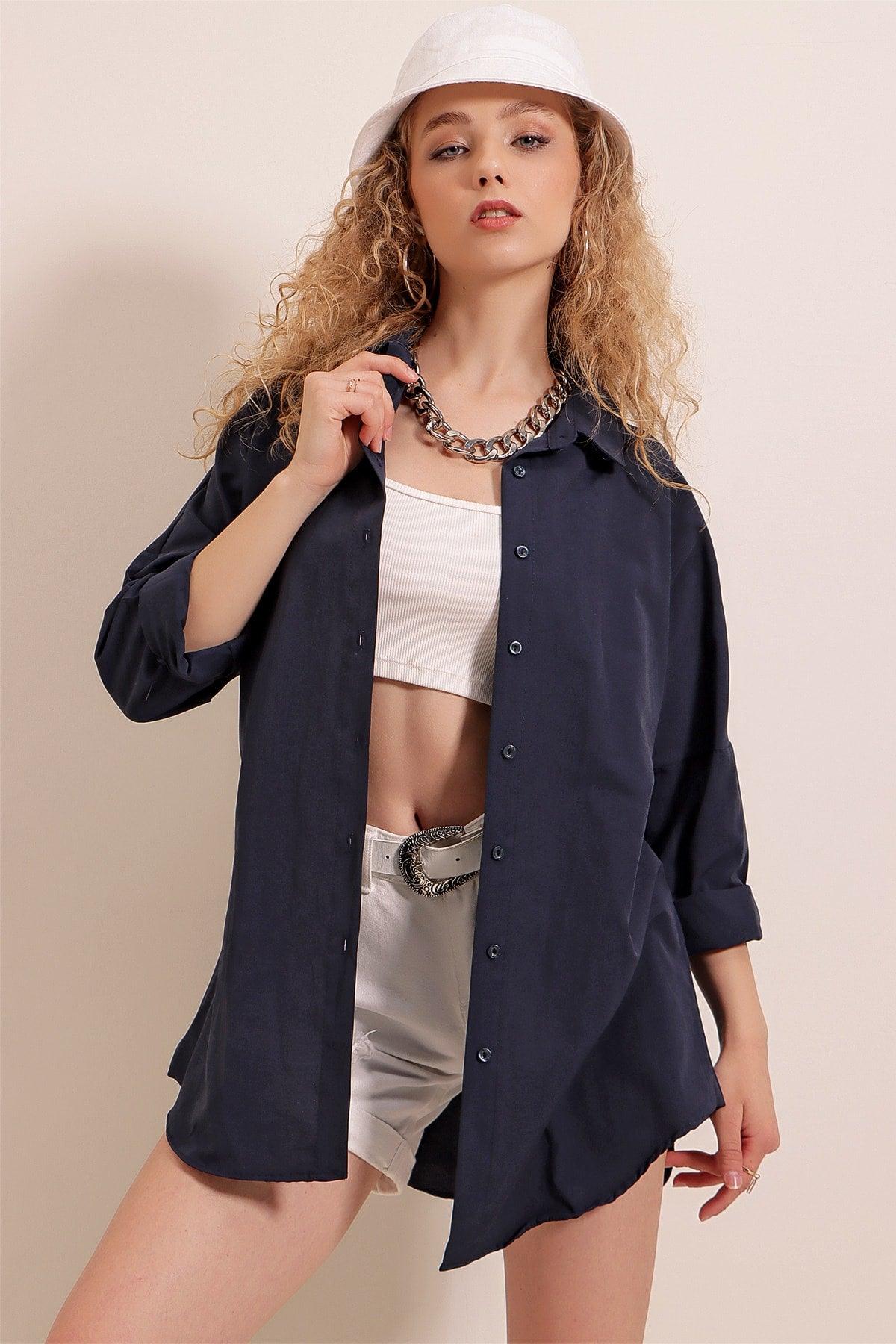 3900 Oversize Long Basic Shirt - Navy Blue - Swordslife