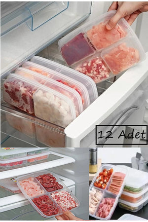 12 Pieces Frozen 4-Compartment Meal Meal And Vegetable Storage Container - Minced Meat Chicken Freezer Organizer