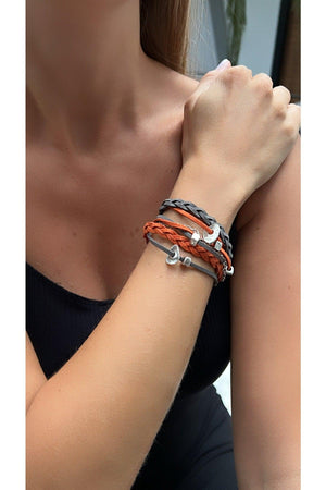 Women's Gray Orange Silver Plated Knitted Detailed Suede Bracelet - Swordslife
