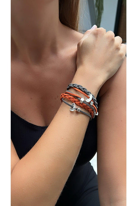 Women's Gray Orange Silver Plated Knitted Detailed Suede Bracelet - Swordslife