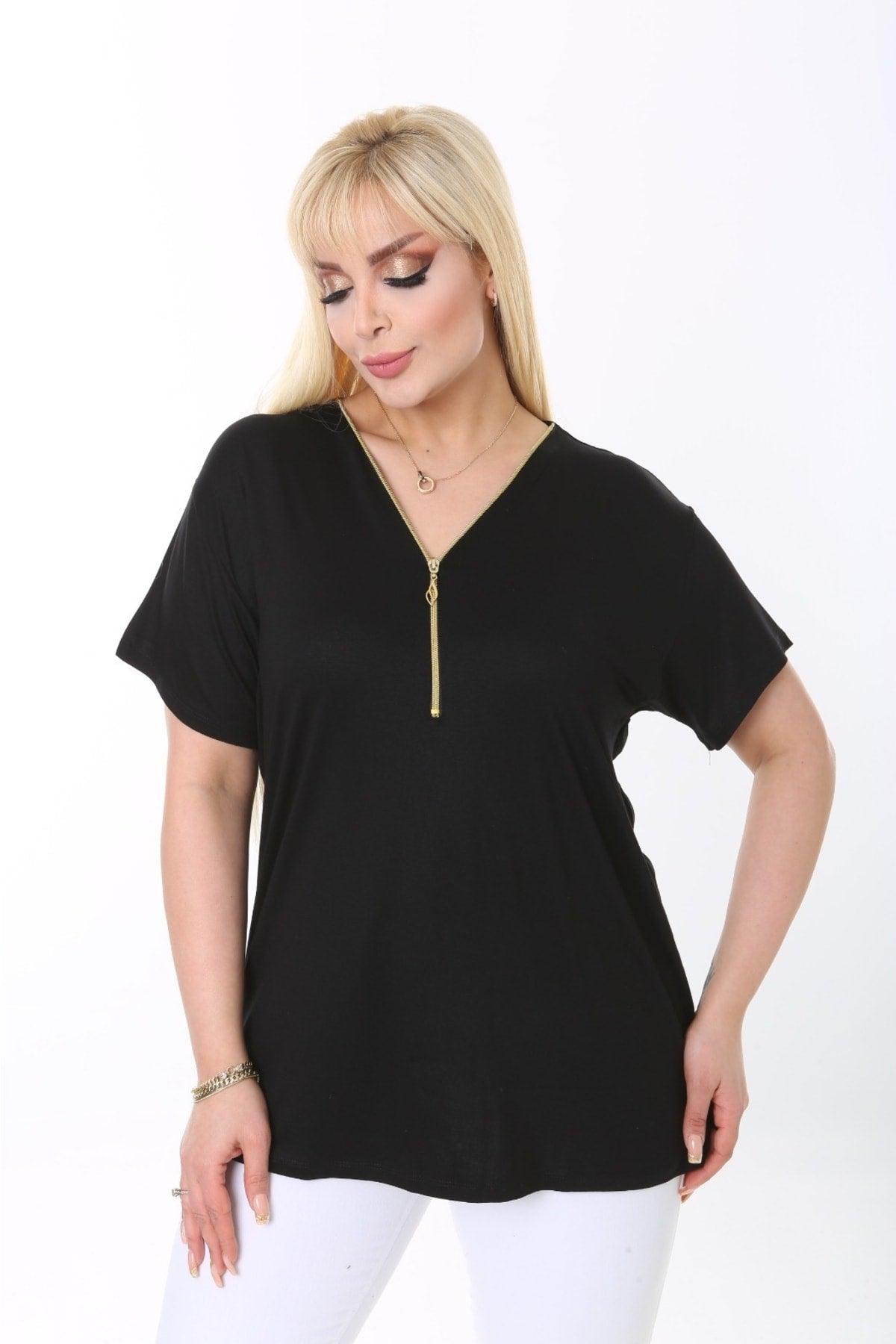 Black Collar Zipper Detailed Plus Size Blouse - Swordslife