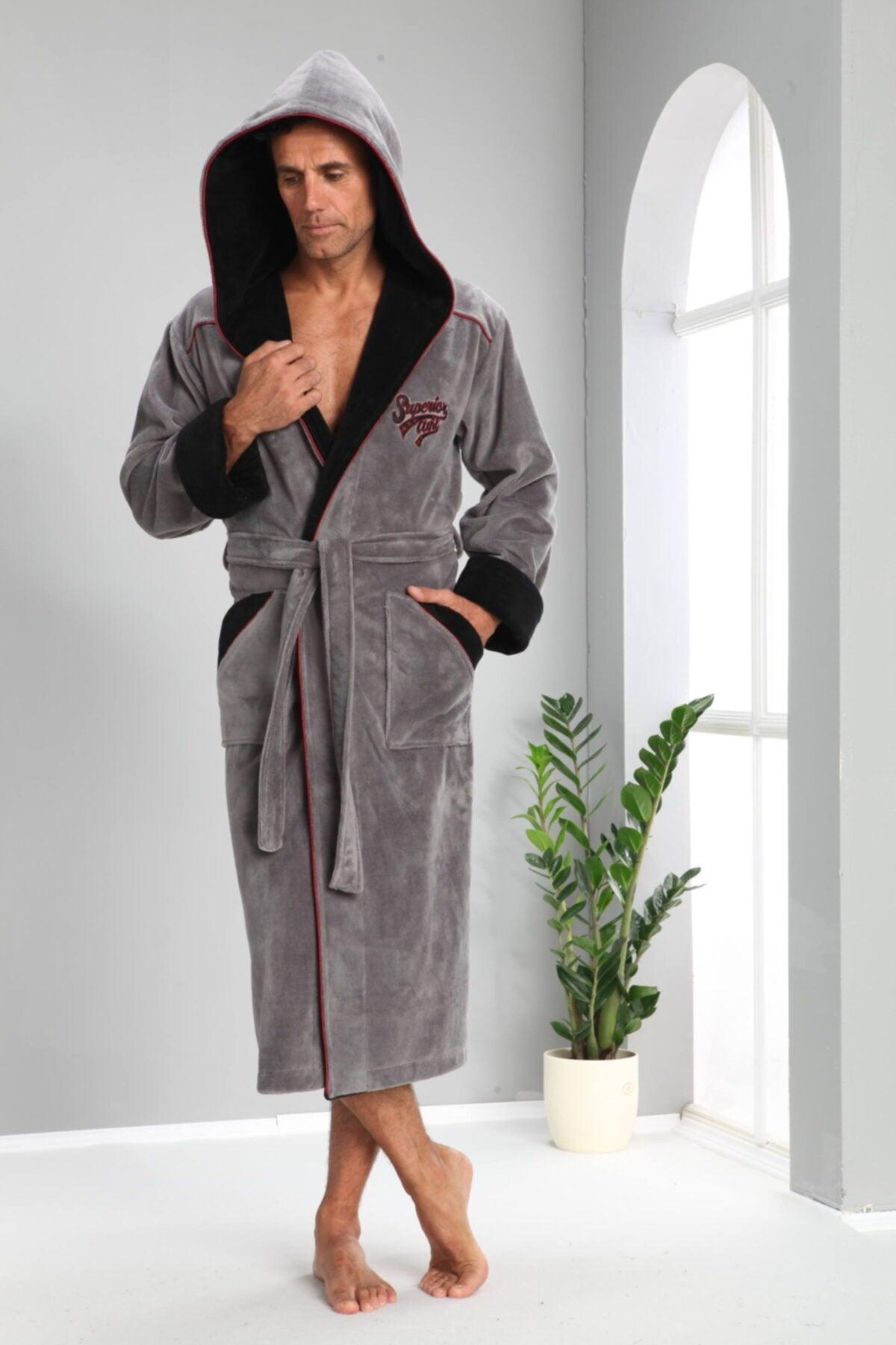 Men's Gray Hooded Bathrobe - Swordslife