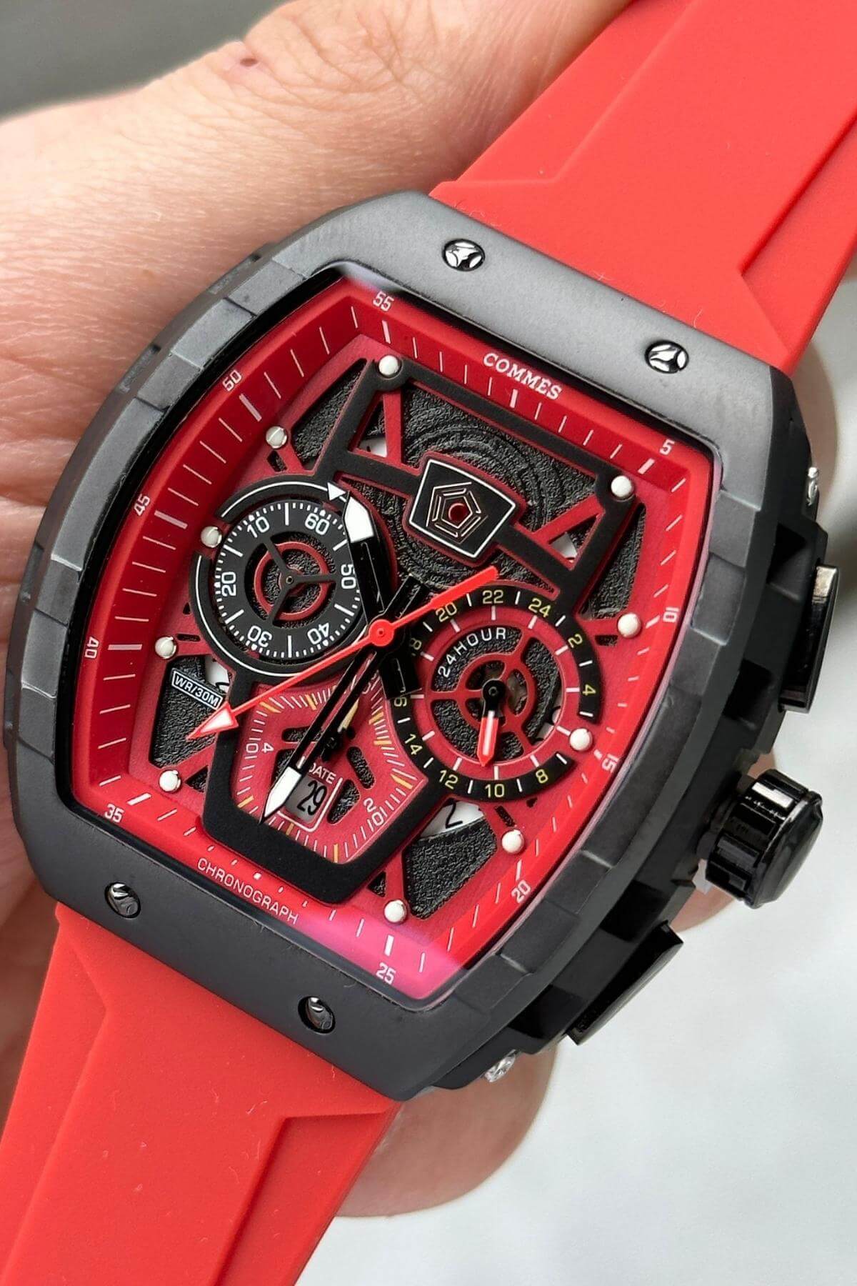 Men'S Classic Wristwatch With Silicone Strap Red Color Stopwatch Calendar 0376-Kbk
