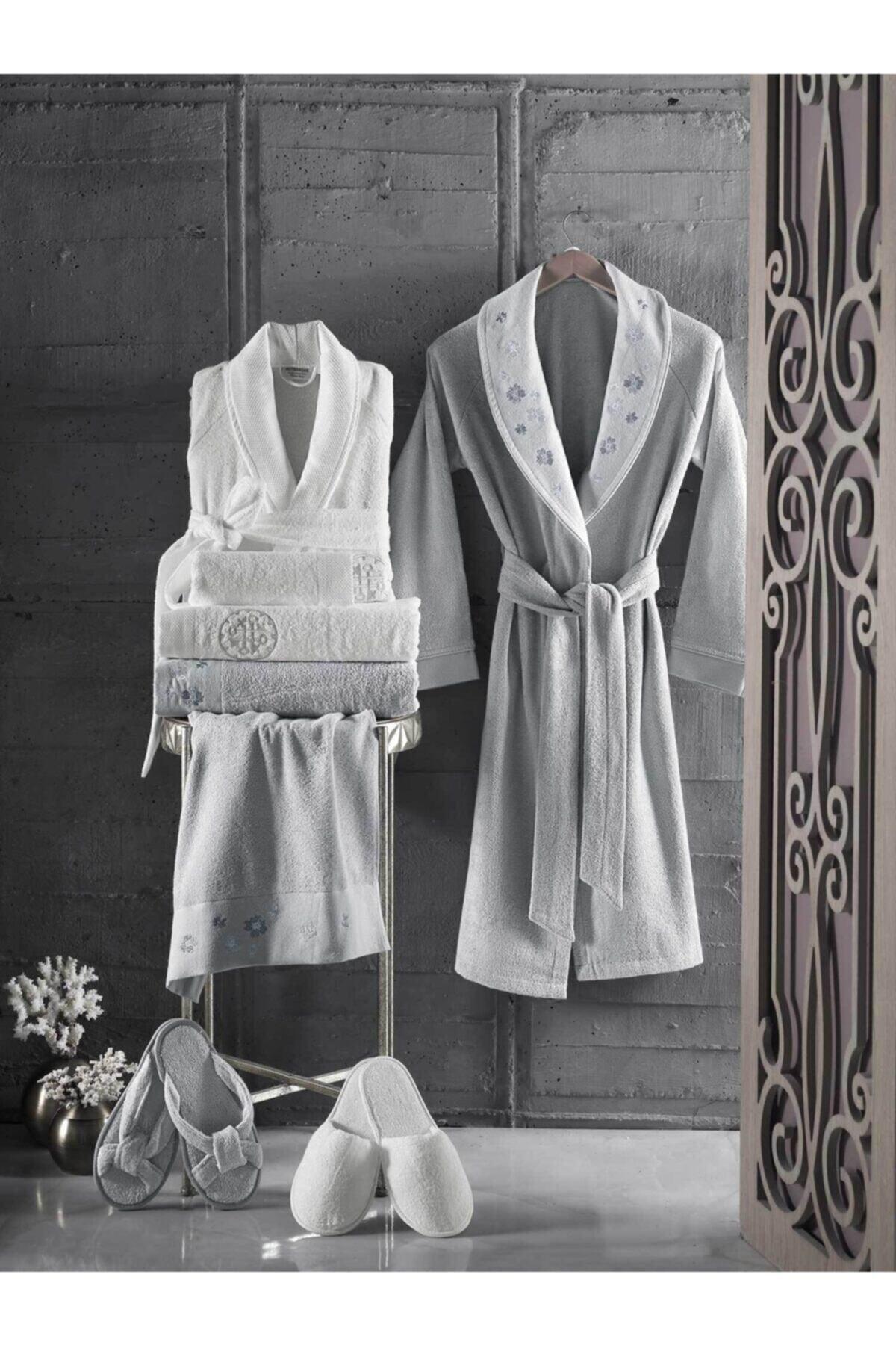 Altınbaşak Artemisia Bamboo White / Gray Family Bathrobe Set - Swordslife