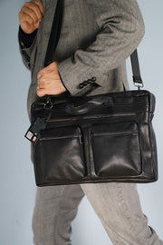 Men'S Black Genuine Leather Large Size Briefcase Laptop Hand And Shoulder Bag