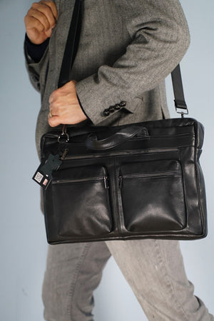 Men'S Black Genuine Leather Large Size Briefcase Laptop Hand And Shoulder Bag