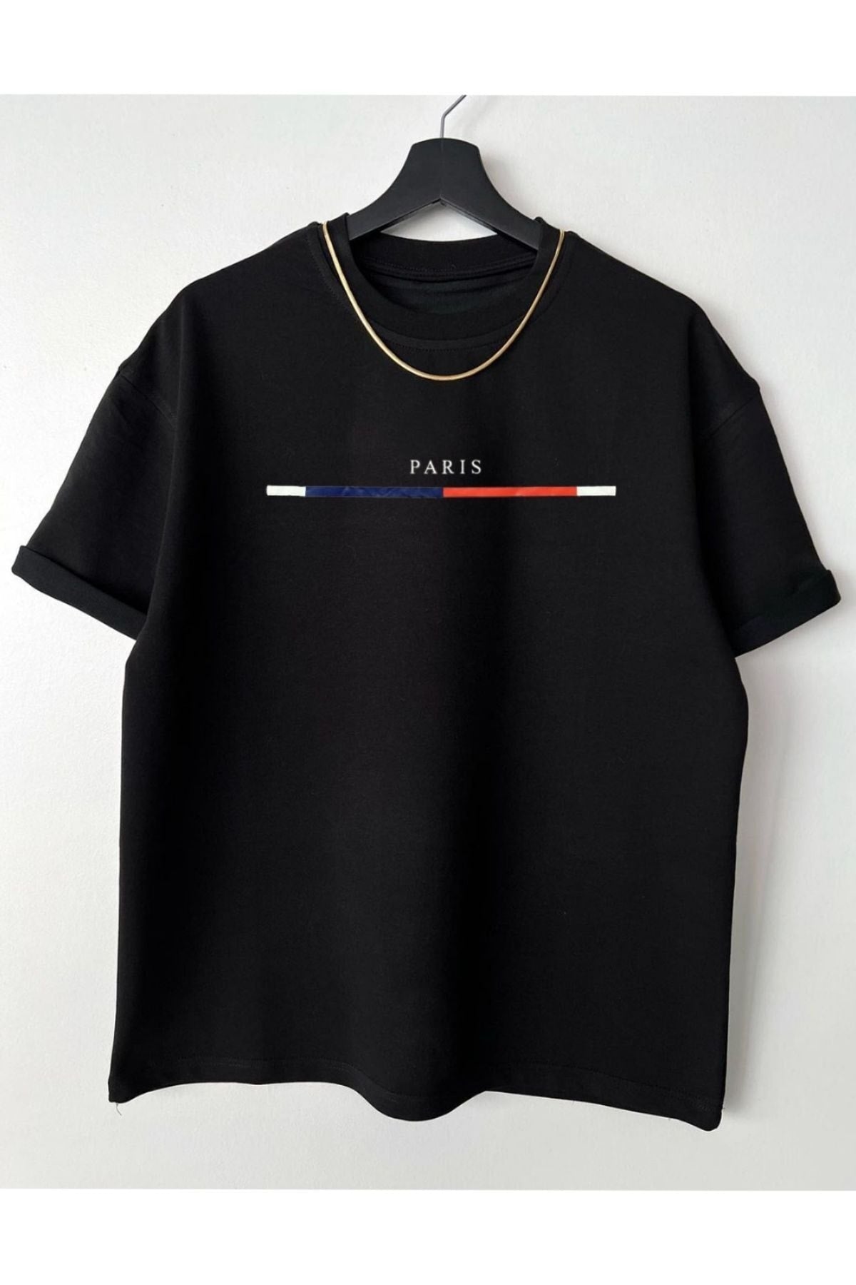 Men'S Black Chest Slim Stripe Paris Printed Oversize Crew Neck T-Shirt
