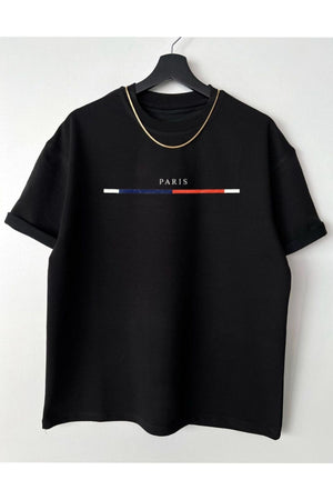 Men'S Black Chest Slim Stripe Paris Printed Oversize Crew Neck T-Shirt