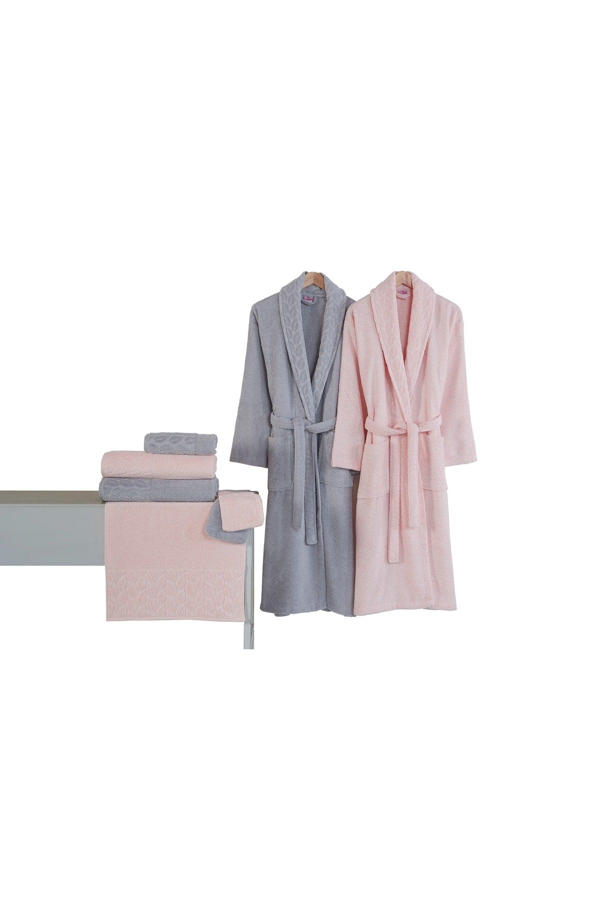 Hazal Bathrobe Set 8 Pieces Family Bathrobe Set Anthracite Dried Rose - Swordslife