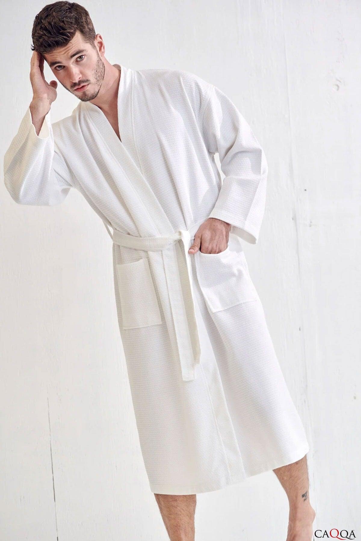 Men's White Cotton 4-Season Pique Dressing Gown and Bathrobe - Swordslife