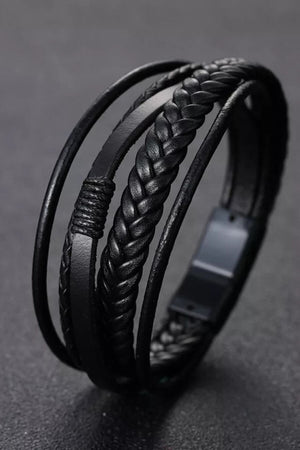 Men'S Genuine Leather Bracelet Black Color Magnetic Clasp Braided Bracelet