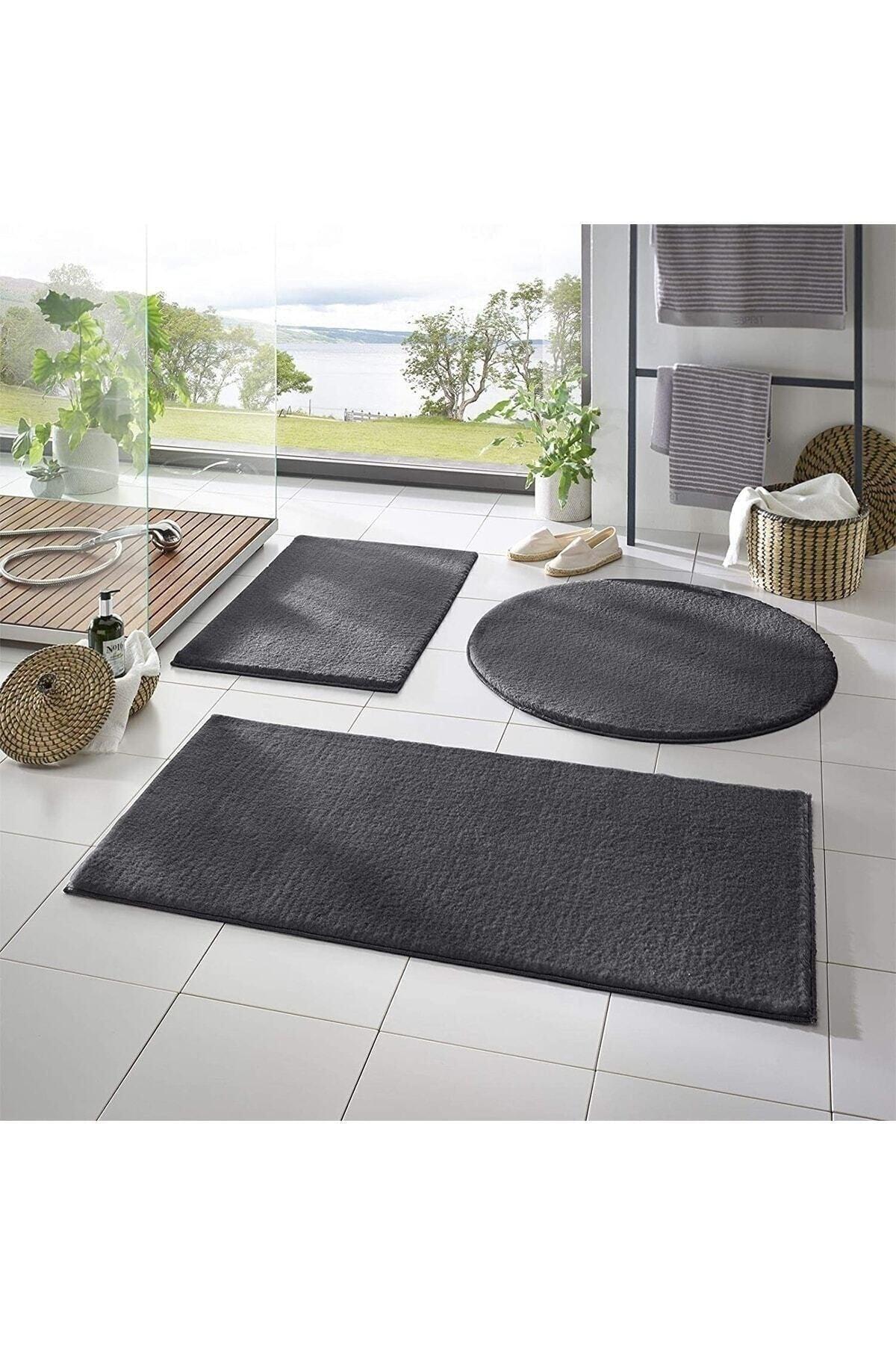 3 Piece Bath Mat Carpet Plush Carpet Closet Set Dark Gray 50x90-50x60--50x50(round) - Swordslife