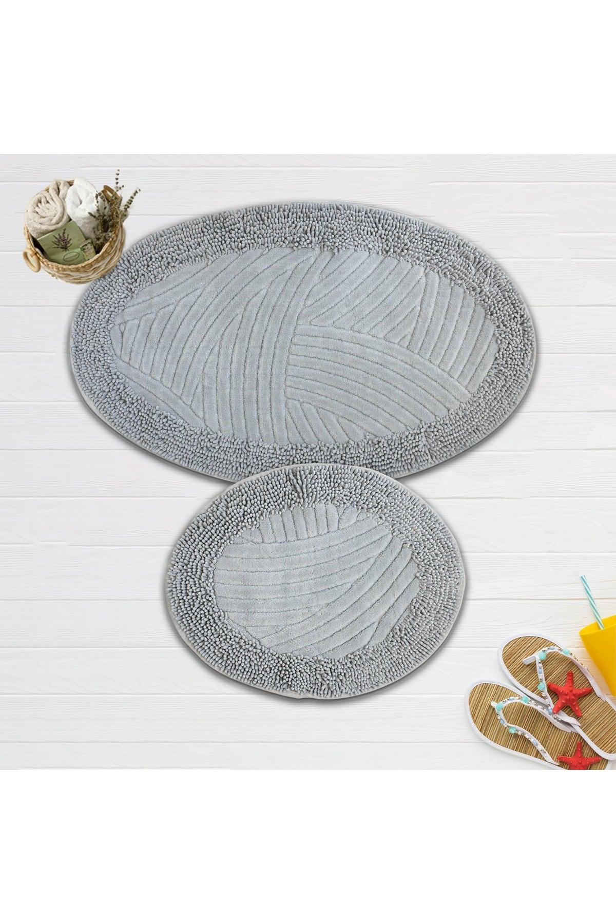 Geometric Pattern Set of 2 Oval Bath Mat Set 100% Natural Cotton Round Mat Closet Set - Swordslife