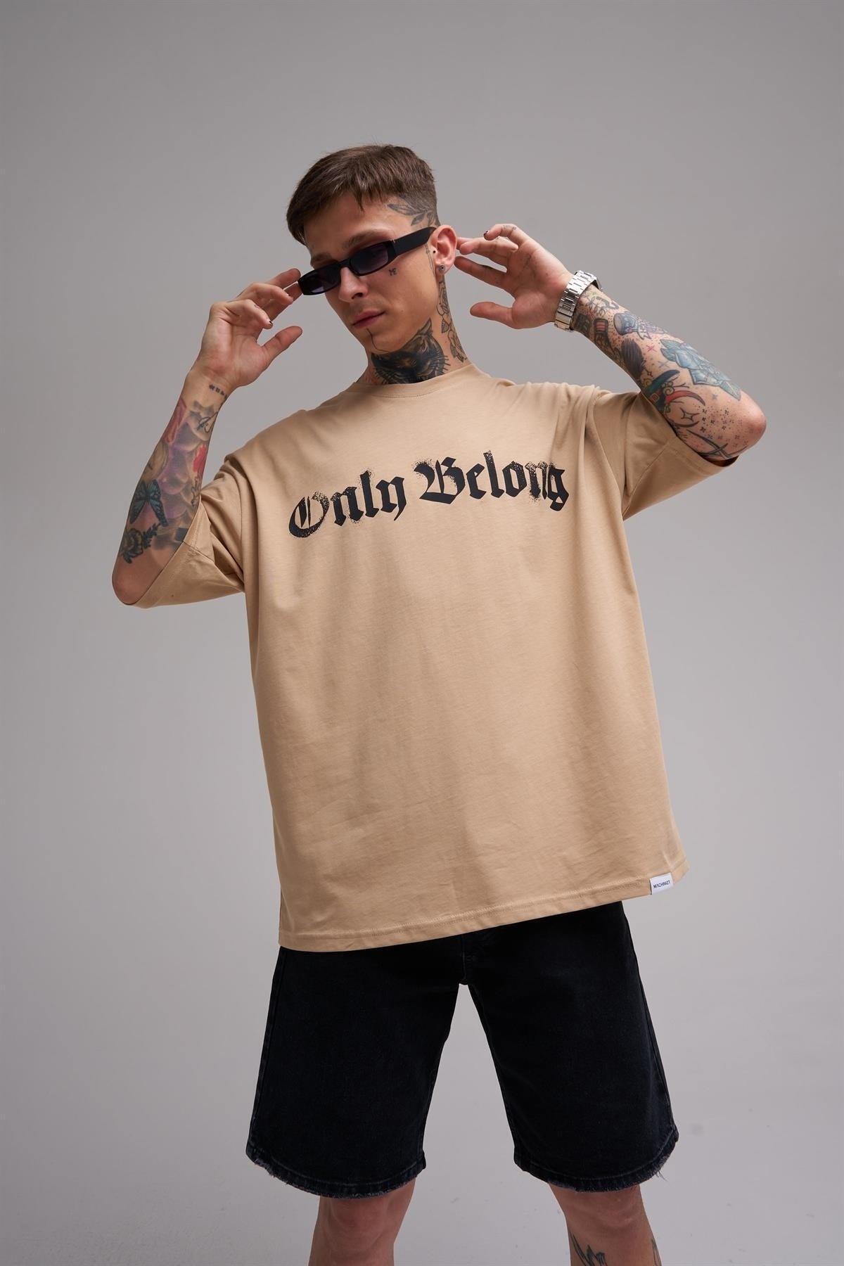 Unisex Large Size Only Belong Printed Cotton T-Shirt Beige