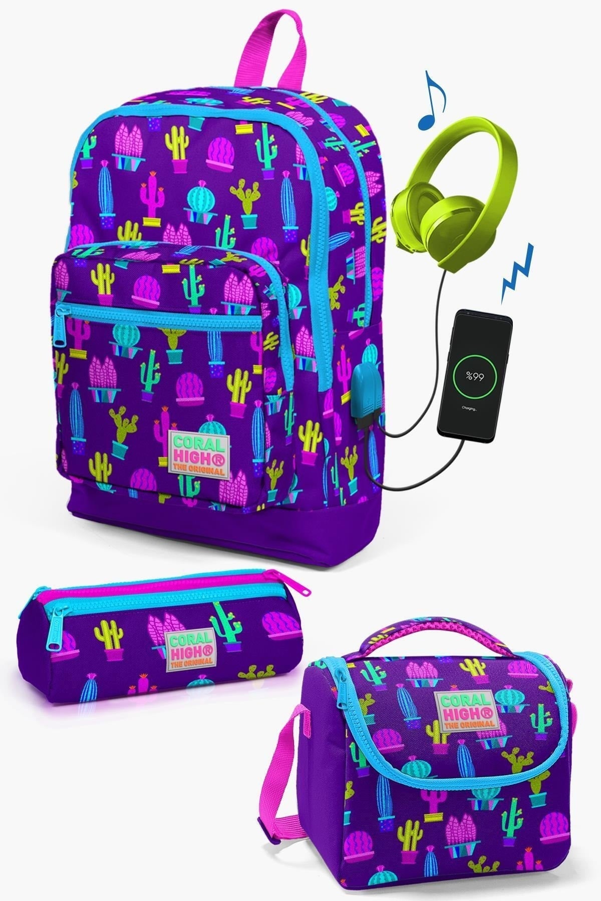 Kids Purple Pink Cactus Patterned Usb 3 Pcs School Bag Set Set0123273