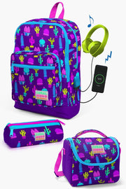 Kids Purple Pink Cactus Patterned Usb 3 Pcs School Bag Set Set0123273