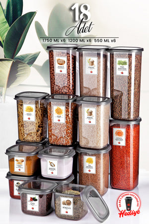 Set Of 18 Labeled Square Food Storage Containers X6(550Ml-1200Ml-1750Ml) Hard Lid Jar