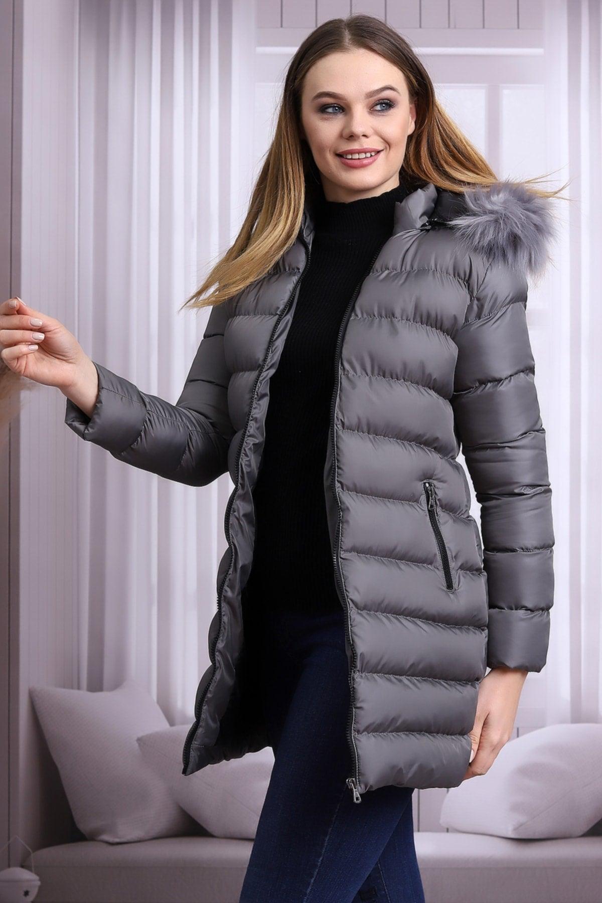 Gray Color Women's Plush Microgel Inflatable Coat - Swordslife