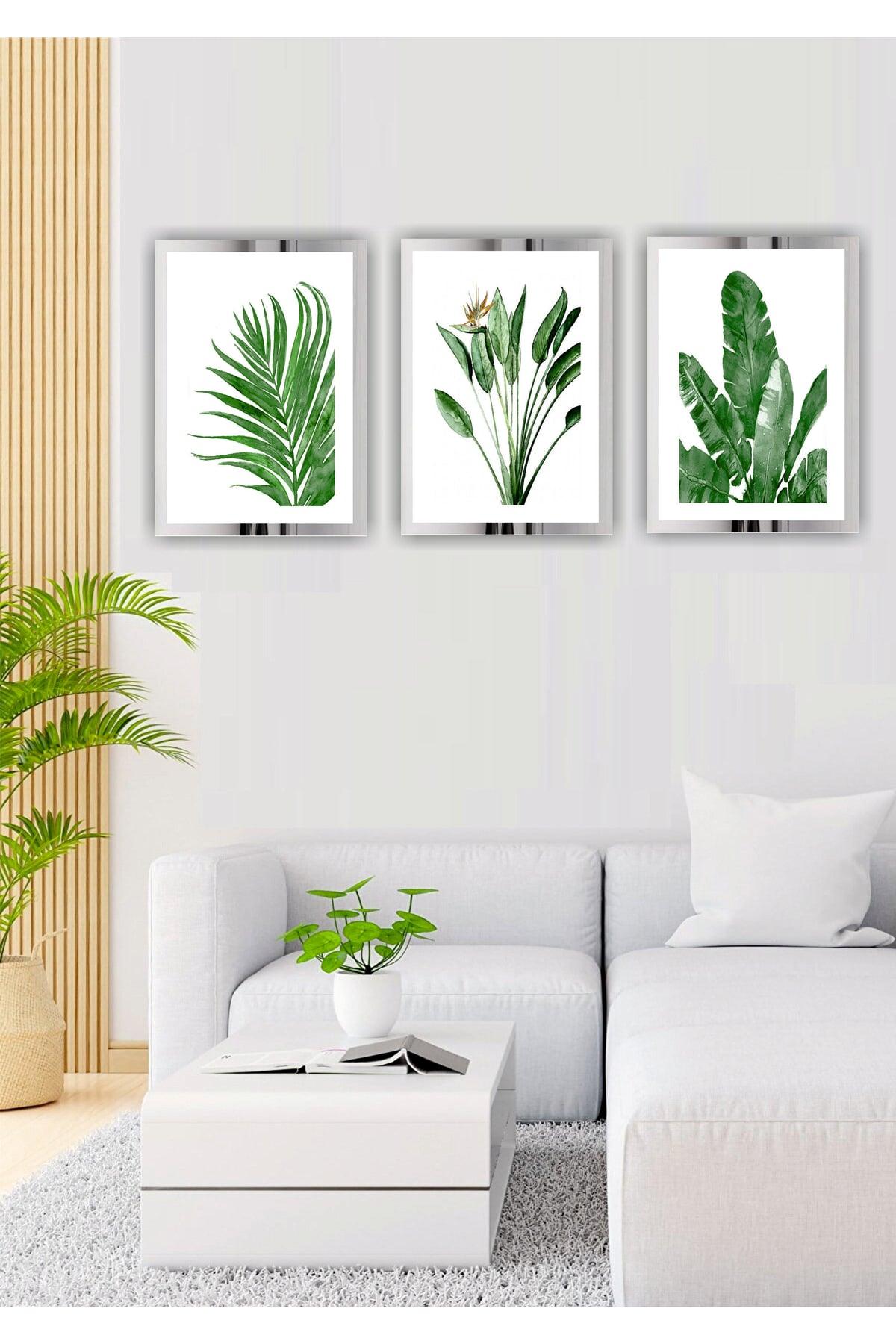 3 Pieces Green Flower Home Decoration Plexi Framed Mirrored Shiny Decor Mdf Multi Table Set - Swordslife