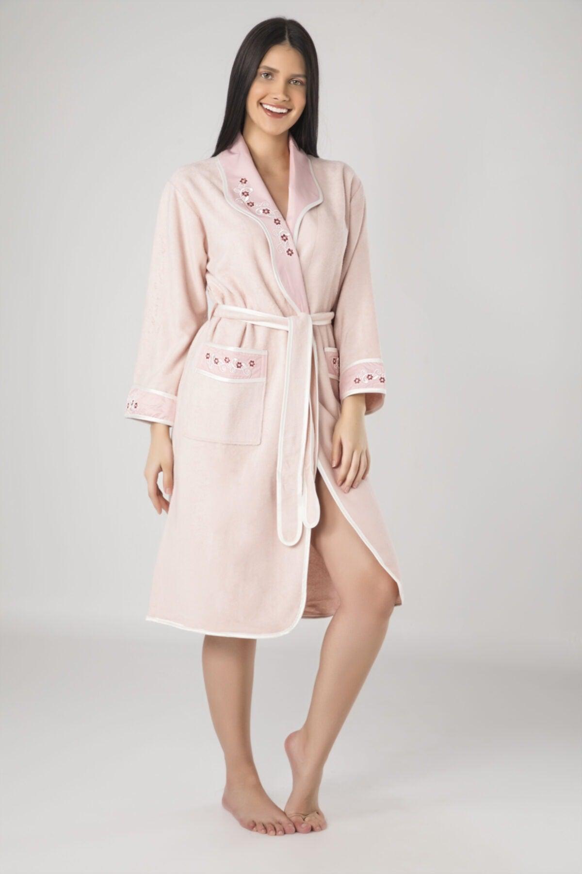 Women's Powder Collar Floral Embroidered Cotton Bathrobe - Swordslife