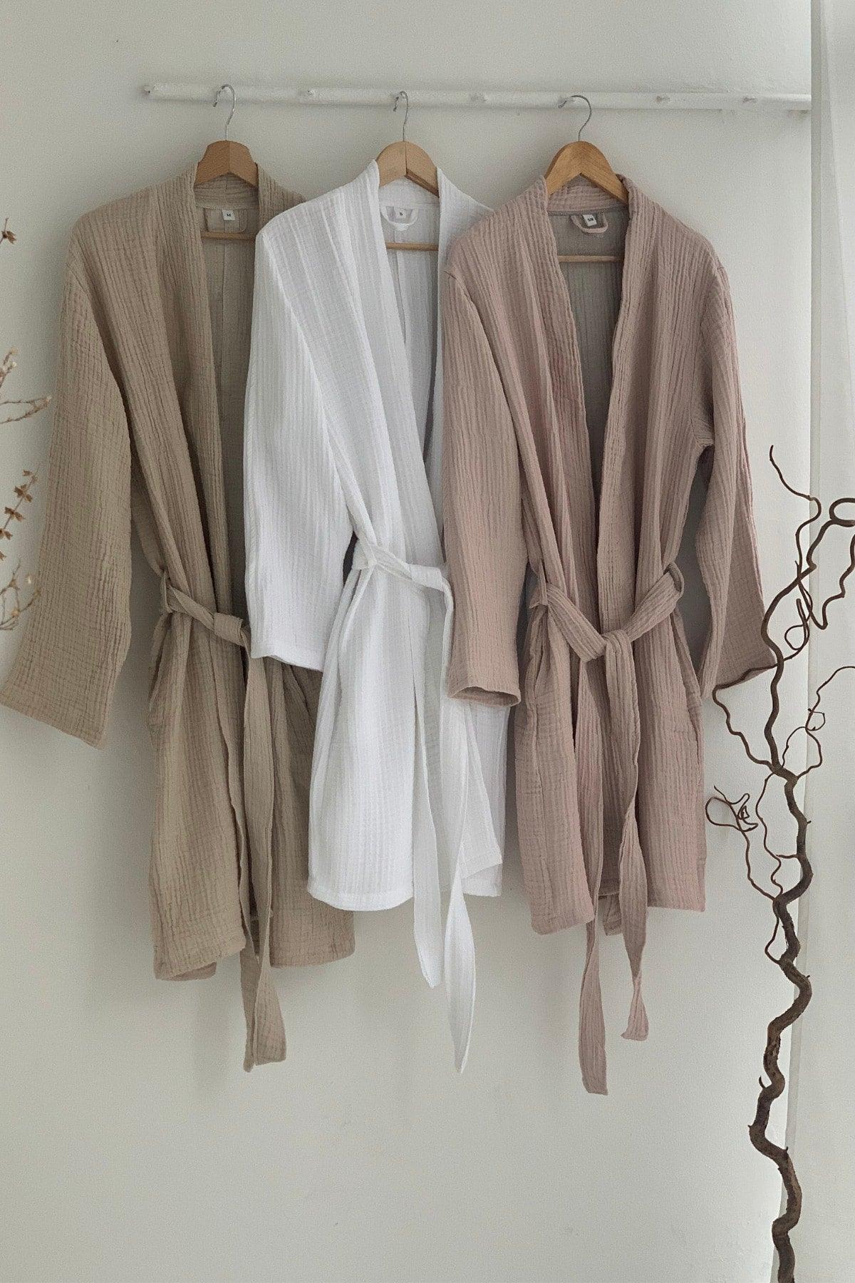 4 Layer Muslin Bathrobe Dressing Gown, 100% Cotton Kimono, Beige - Swordslife