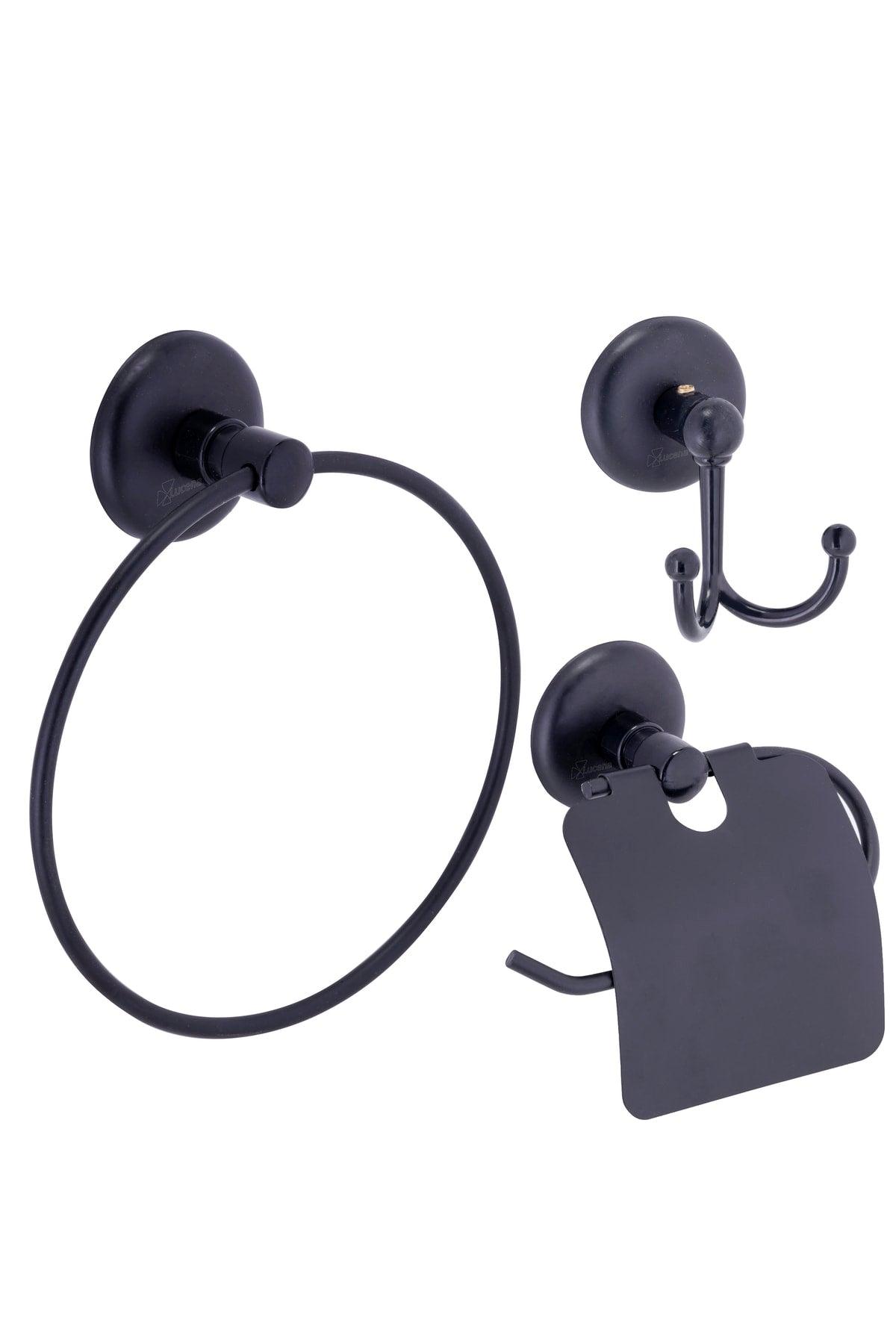 Black Triple Bathroom Accessory Set - Round Towel Holder - Bathroom Hanger - Toilet Paper Holder with Lid - Swordslife