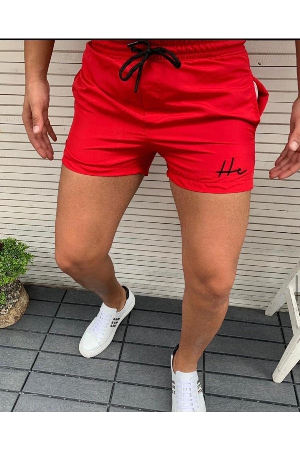 Men'S Red Solid Color Pocket Model Marine Shorts Swimsuit