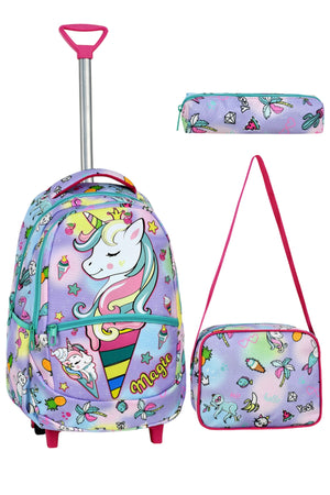 3-Pack School Set With Squeegee, Unicorn Pattern Primary School Bag + Lunch Box + Pencil Holder