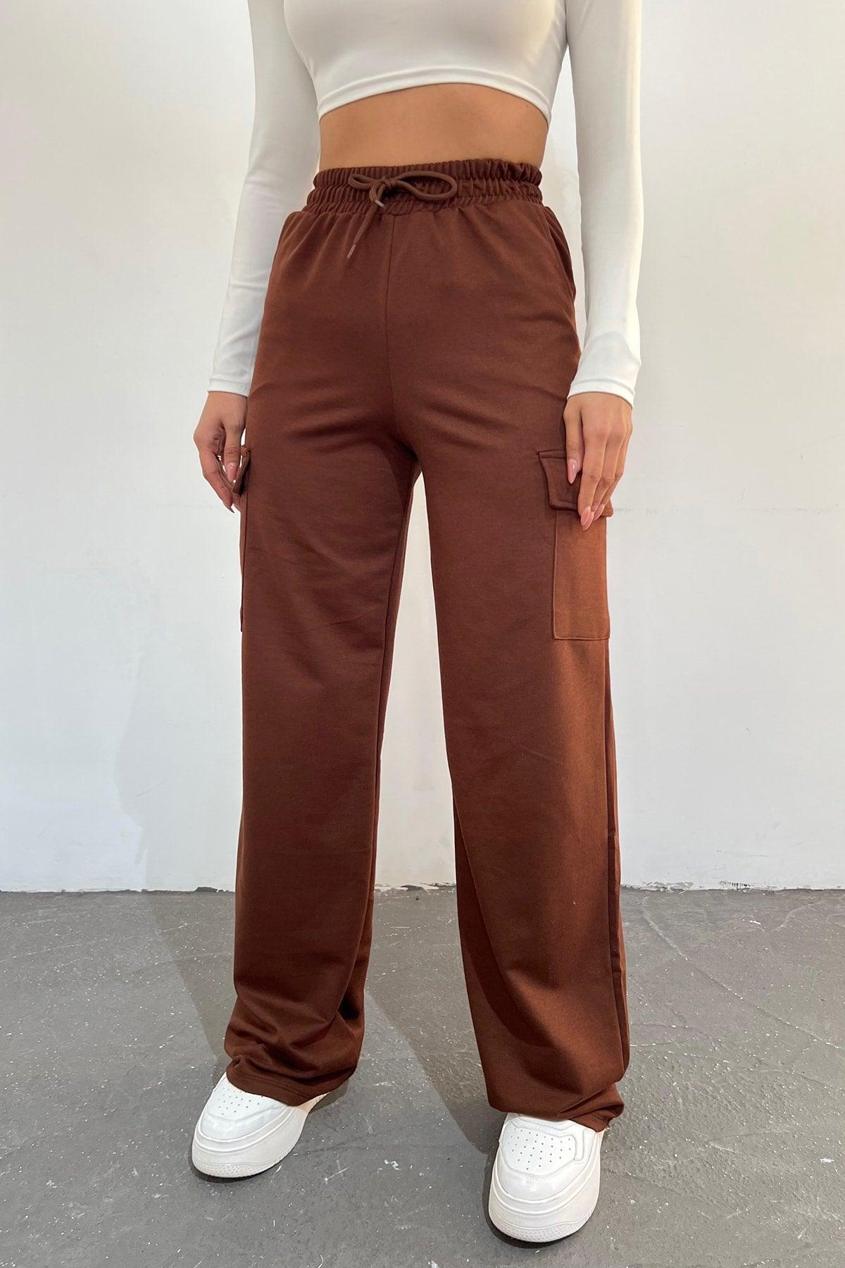 Women's Brown - Regular Fit Cargo Pocket Wide Leg Sweatpants - Swordslife