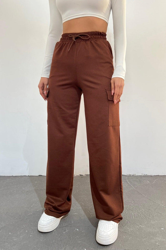 Women's Brown - Regular Fit Cargo Pocket Wide Leg Sweatpants - Swordslife
