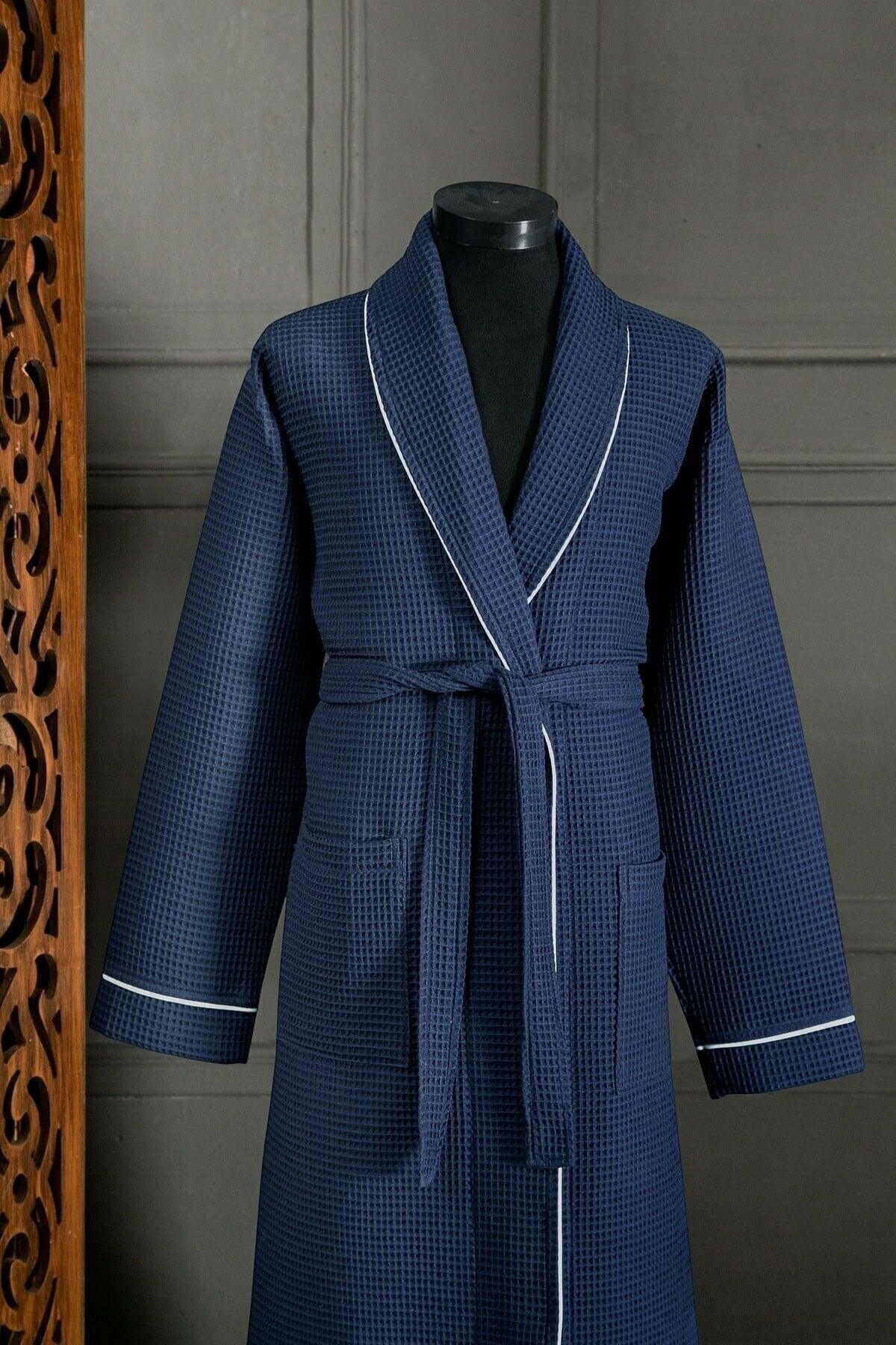 Unisex Soho Pique Bathrobe Navy Blue - Swordslife