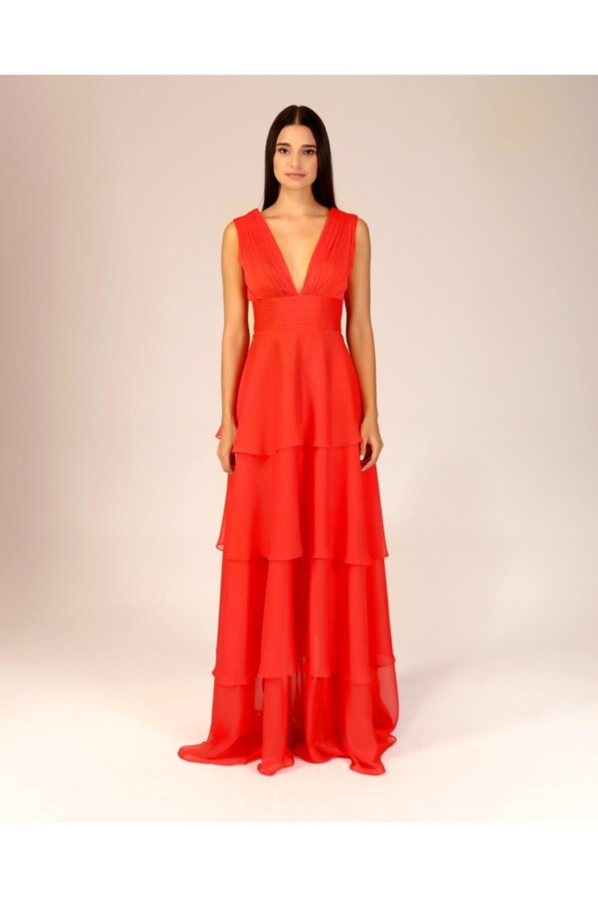 Beatrice Red Draped Detailed Ruffle Dress - Swordslife