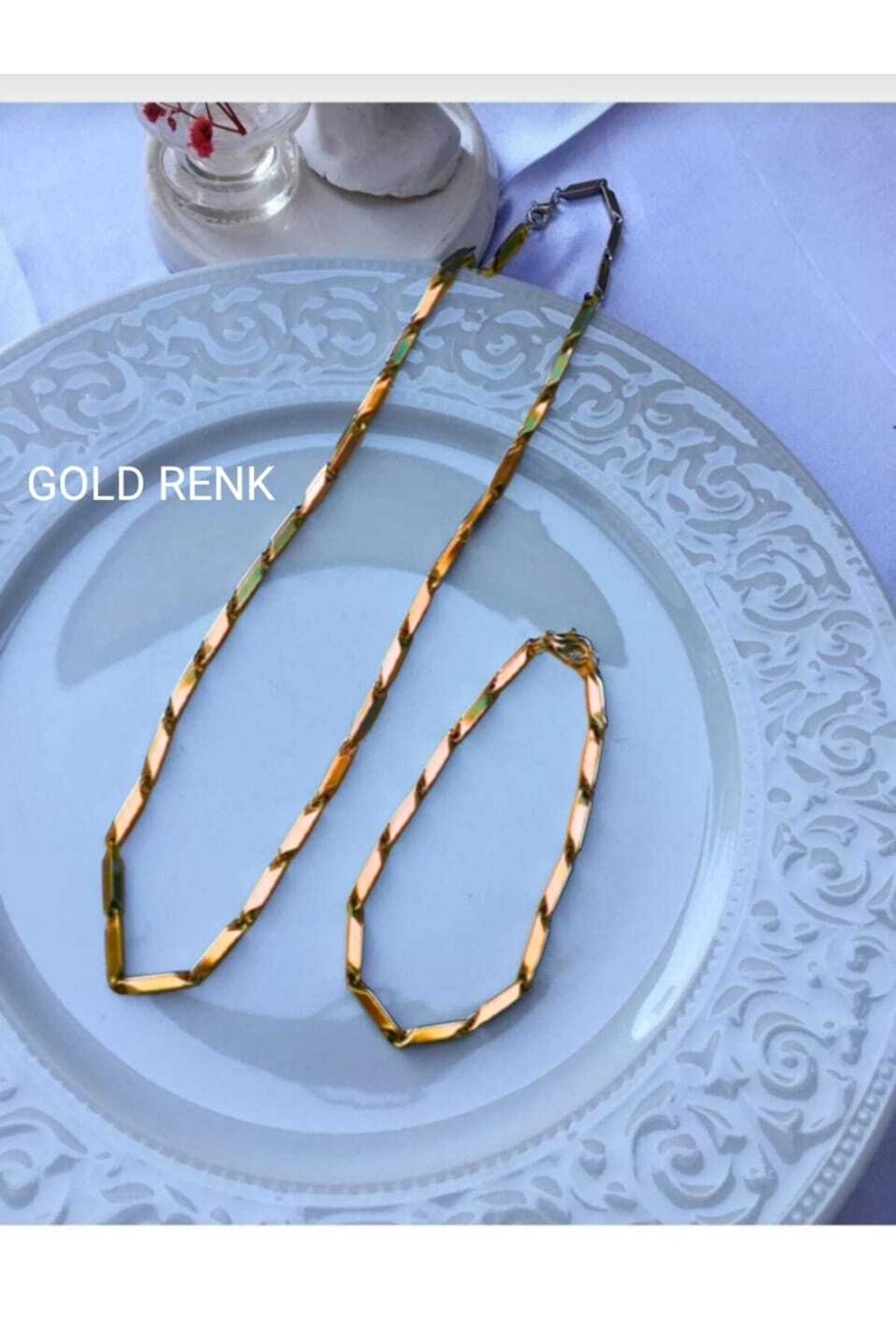 Men'S Steel Necklace And Bracelet Set Cube Triangle Model Chain
