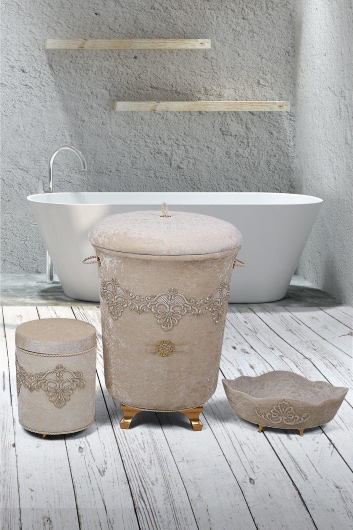 Golden Mink 3 Piece Velvet Dowry Lacy Bathroom Dirty Laundry Basket Set. - Swordslife