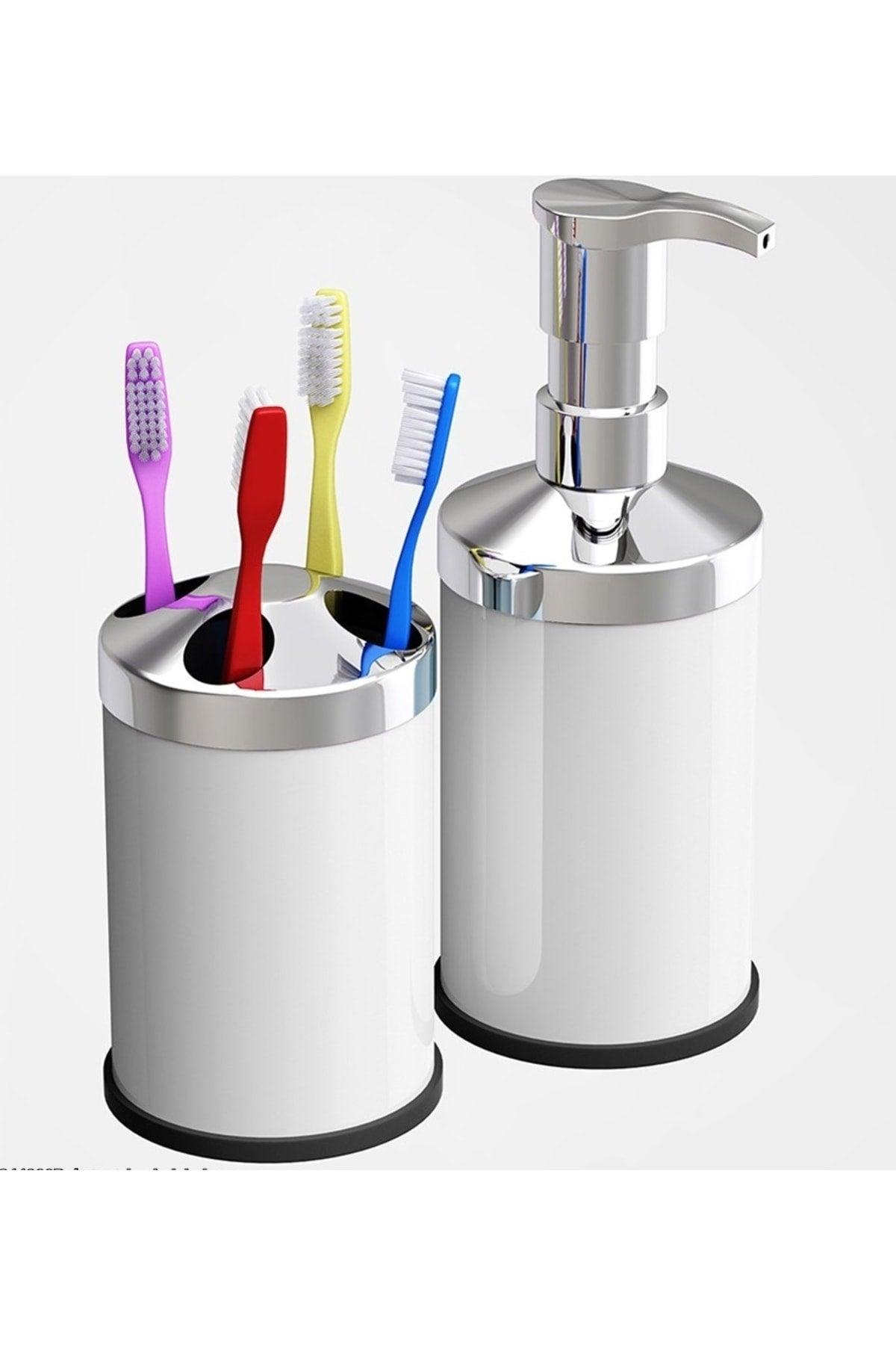 Stainless Bathroom Sink Counter Top Liquid Soap Dispenser Toothbrush Holder Double Bathroom Set - Swordslife