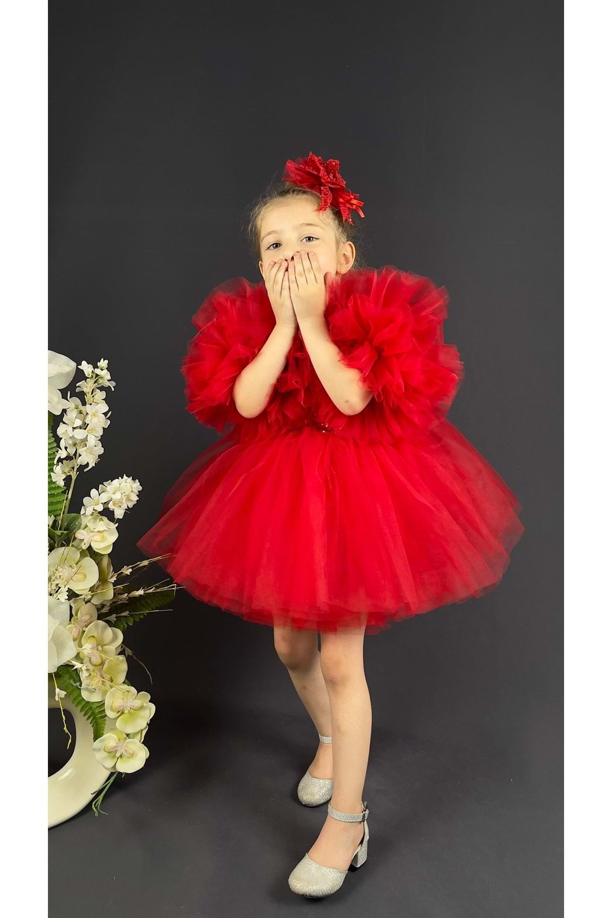 Chiffon Robe Pompom Sleeve Sequined Girls Fluffy Skirt Tulle Evening Dress Red