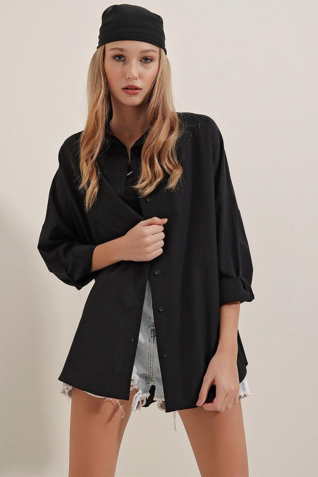 3900 Oversize Long Basic Shirt - Black - Swordslife
